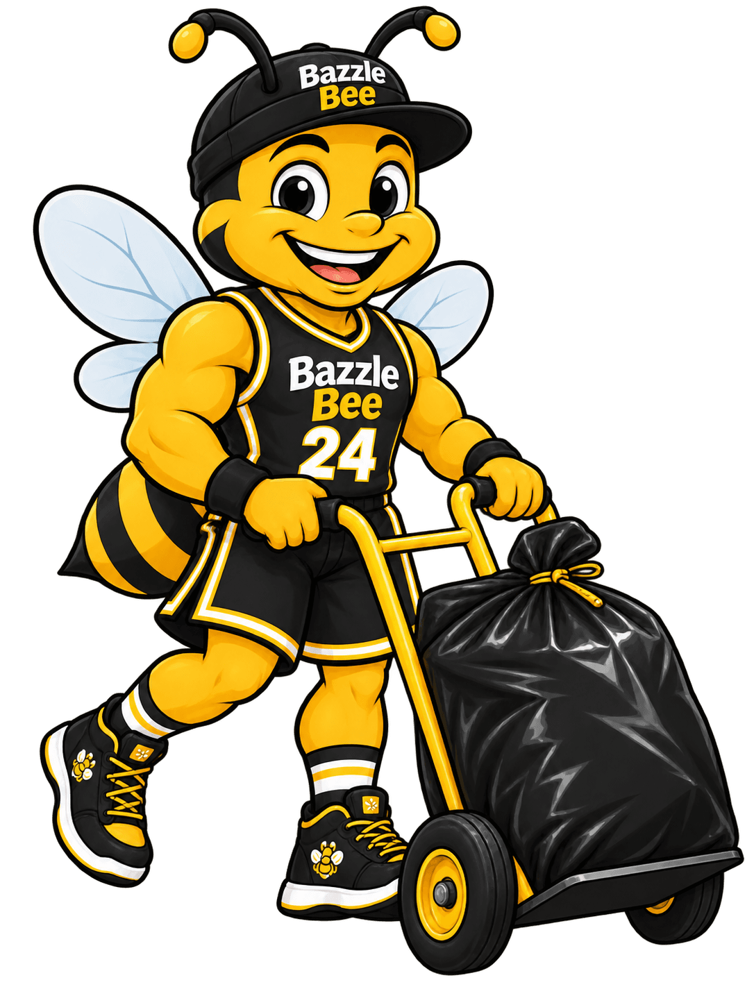 Bazzle, the Bazzle Bee mascot, hauling a bagged load on a dolly