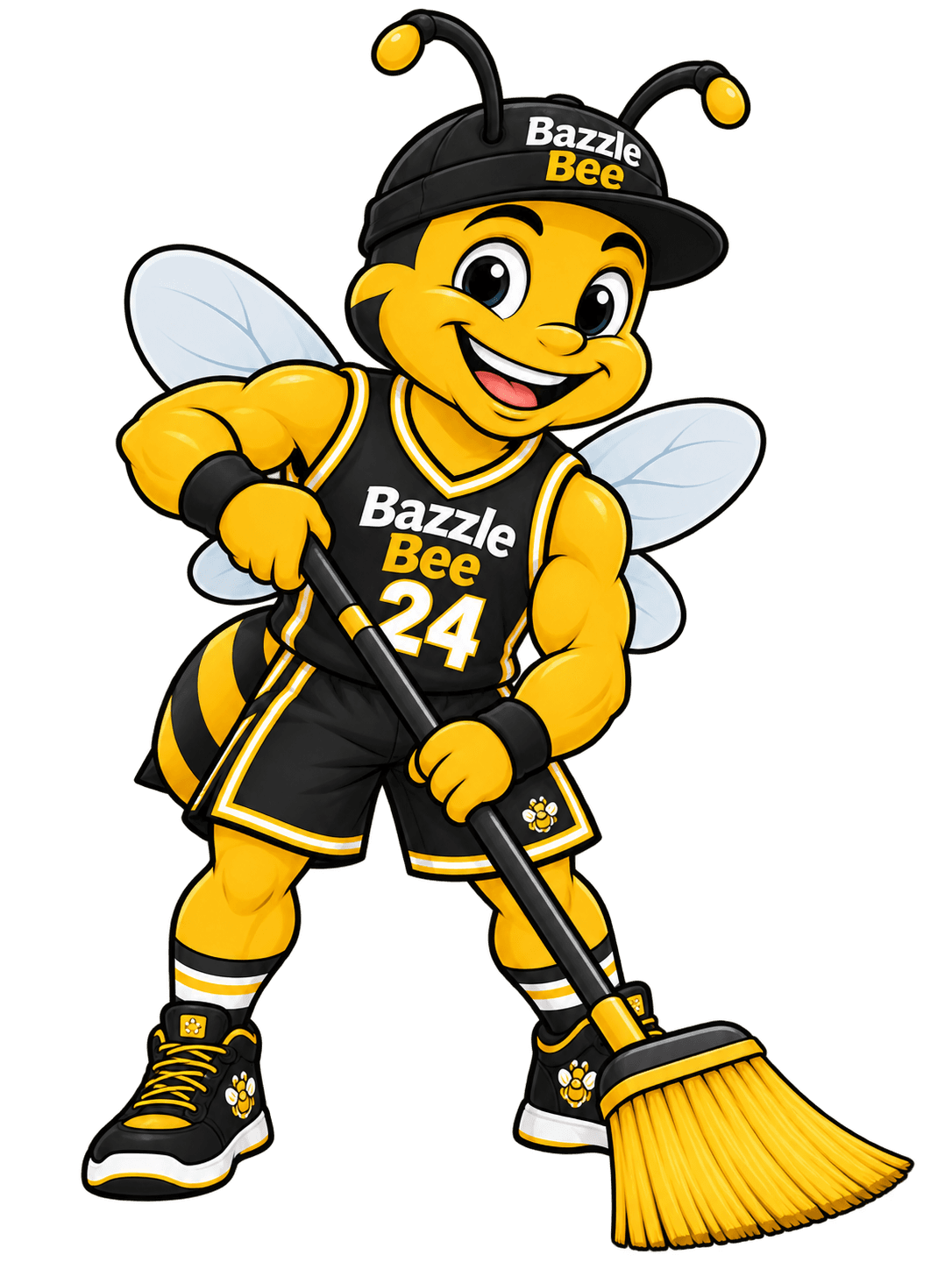 Bazzle, the Bazzle Bee mascot, sweeping up with a broom